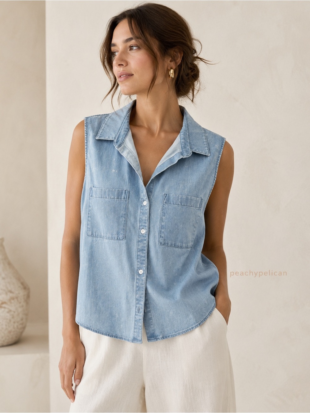 Cloth & Stone Sleeveless Collared Button Down Shirt Chambray XL Light Wash Denim